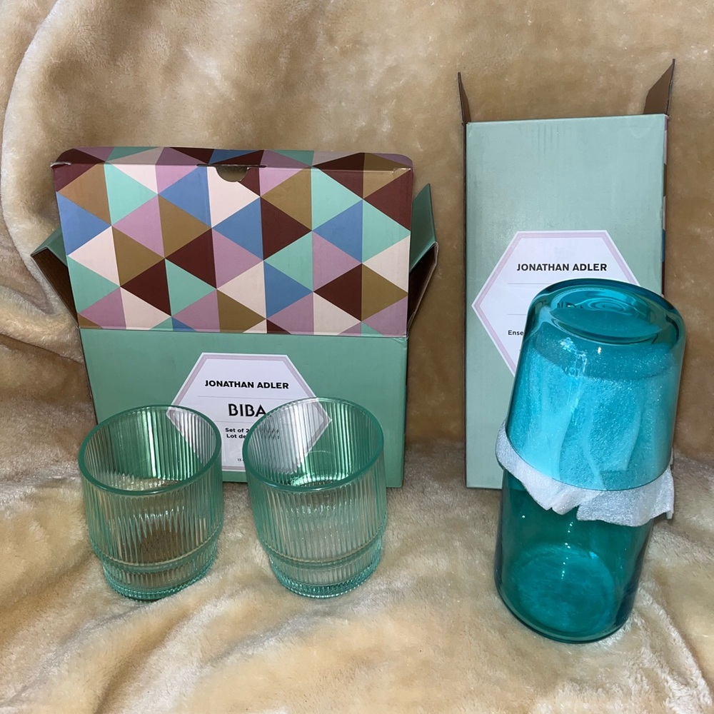 Jonathan Adler Set of 2 glasses and bedside carafe set